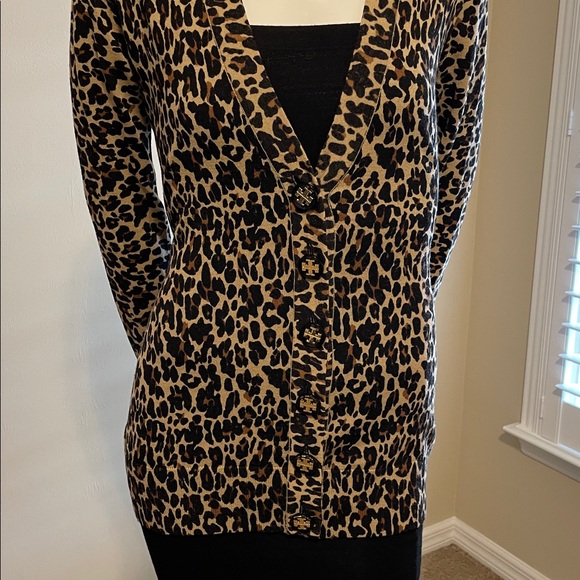 Tory Burch Classic Animal Print Cardigan Sweater w/TB Embellished Buttons Wool S - Picture 3 of 13